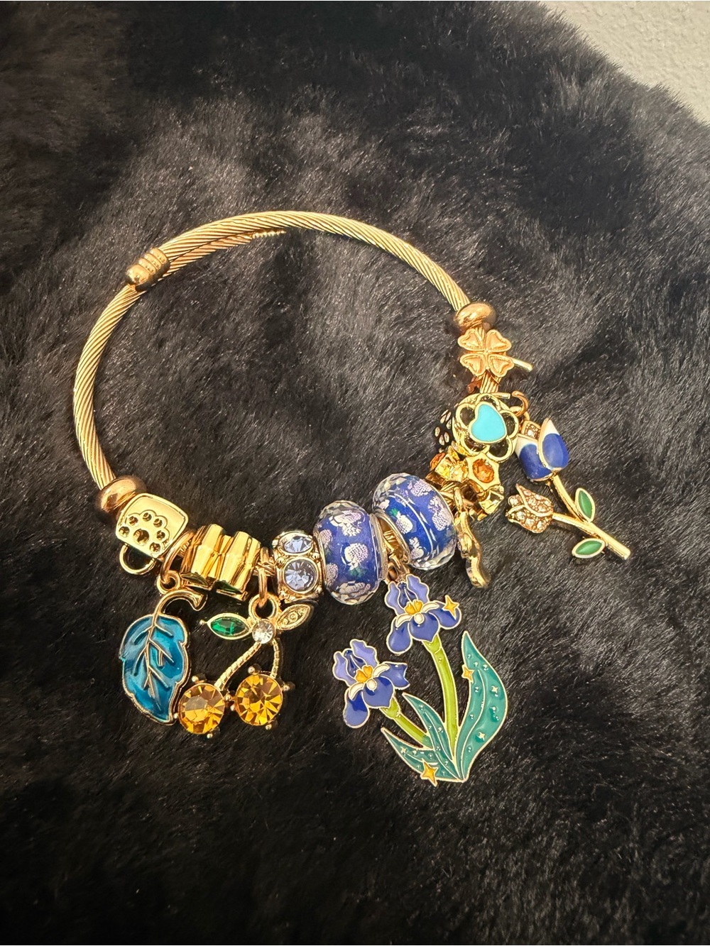Gold-Tone Blue Floral Charm Adjustable Bangle Bracelet